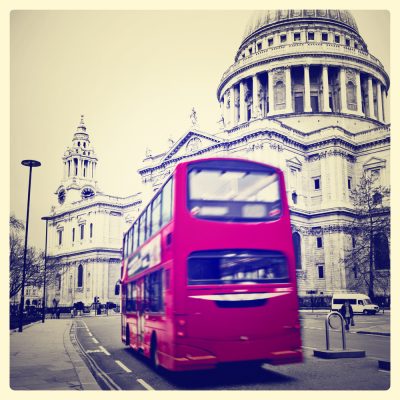 St. Paul's Cathedral with red bus in London with Instagram effect filter